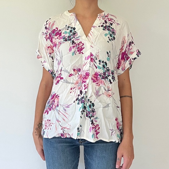 Lovestitch White & Pink Floral Blouse Short Sleeve Size S - Picture 1 of 10
